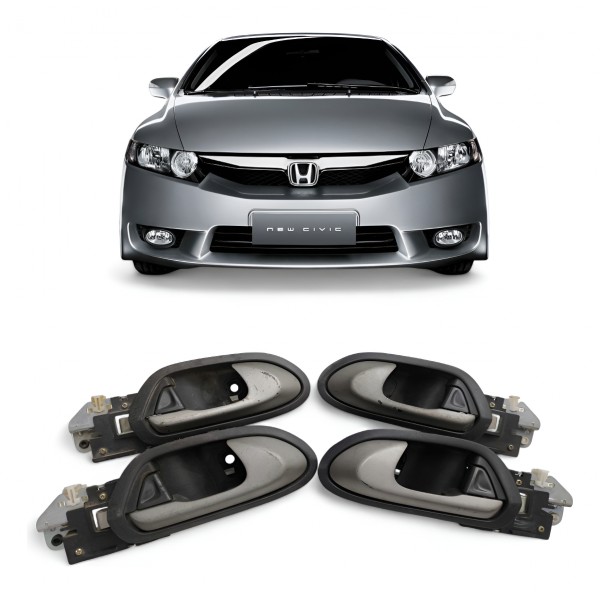 Kit 4 Maçaneta Interna Honda New Civic 2007 2008 2009 A 2011 Cinza Dianteira/traseira
